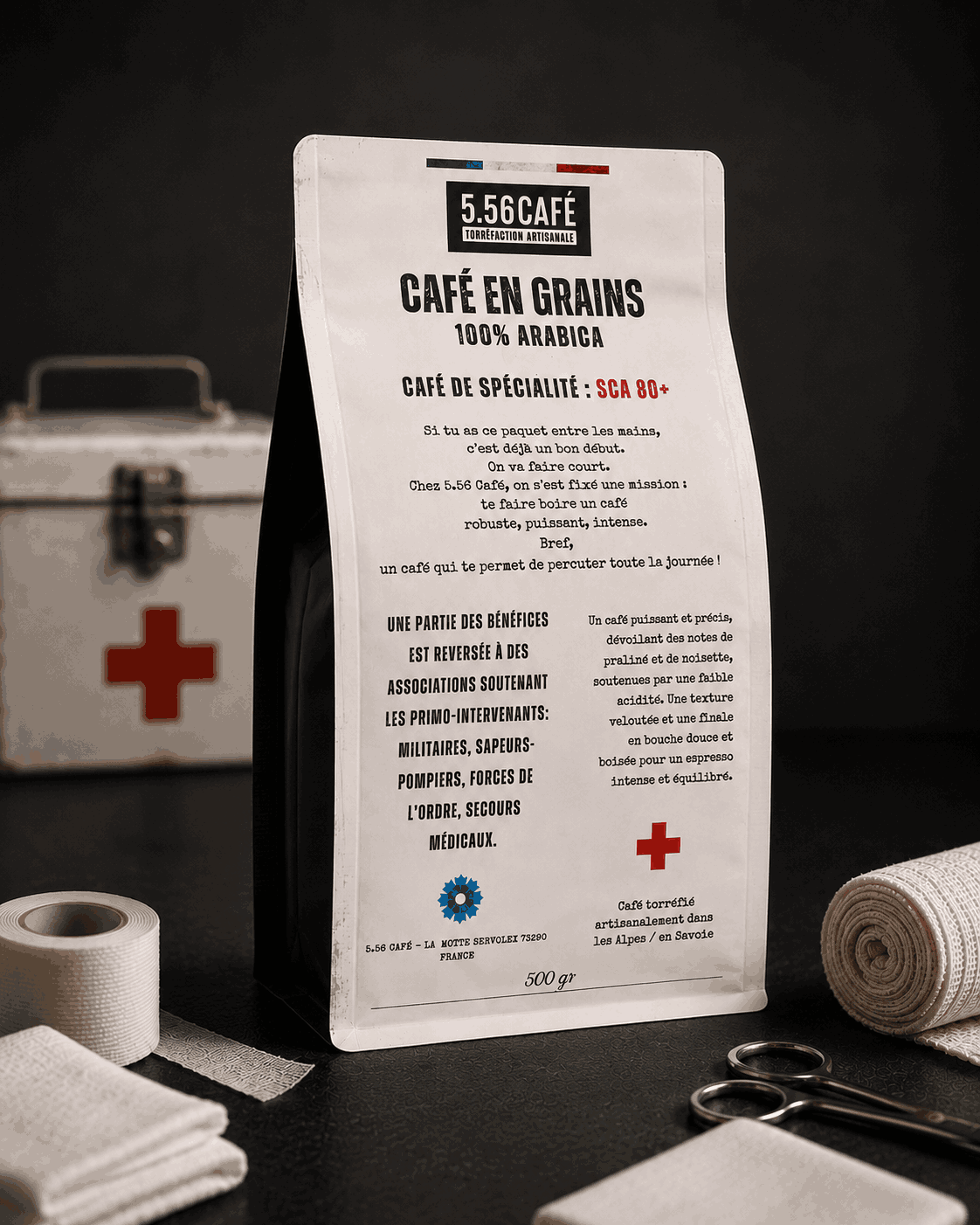 Dos du paquet Café Médic 500 g 100% Arabica torréfié artisanalement en Savoie