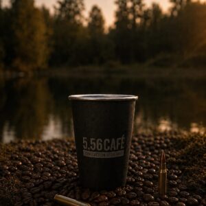 Tasse nomade noire avec logo 5.56 Café posée sur des grains de café